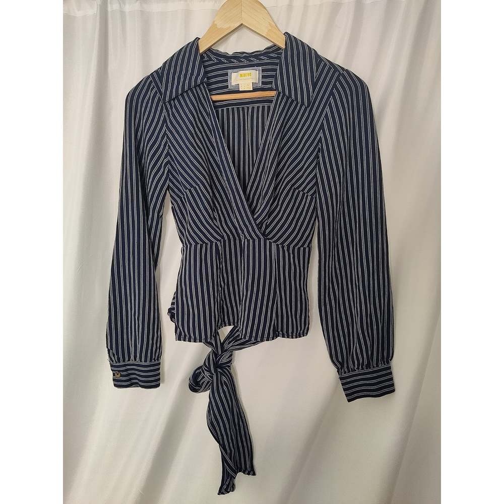 Maeve Anthro Surplice Long Sleeve Oxford Stripe Collared V-Neck Wrap Top US 0